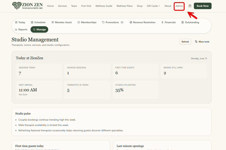 Administrative Portal screenshot from ZionZen Massage & Skincare