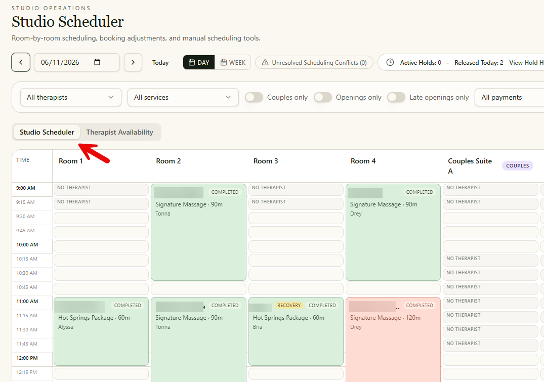 Apex Aesthetic Institute studio scheduler running on the Wellness Intelligence Platform