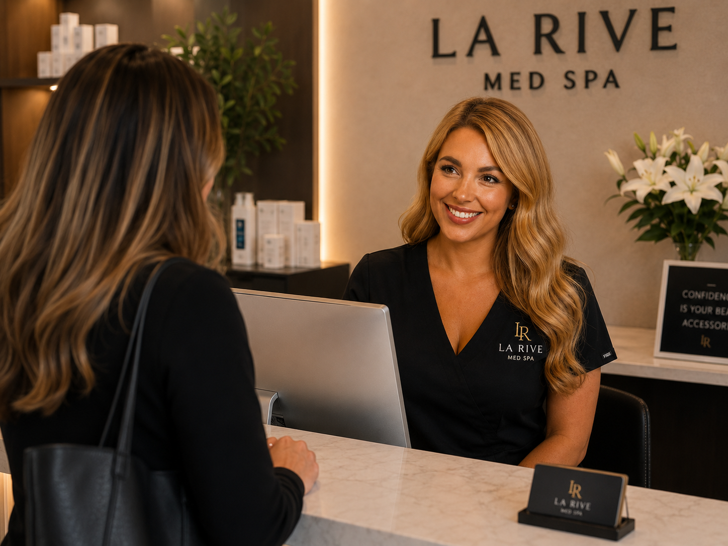 Front-desk scene in the La Rive medical-aesthetics demonstration environment: a person being received and helped at reception