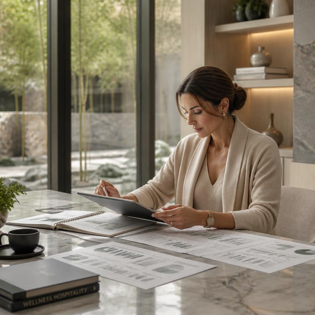 Wellness business owner reviewing operational reports and schedules