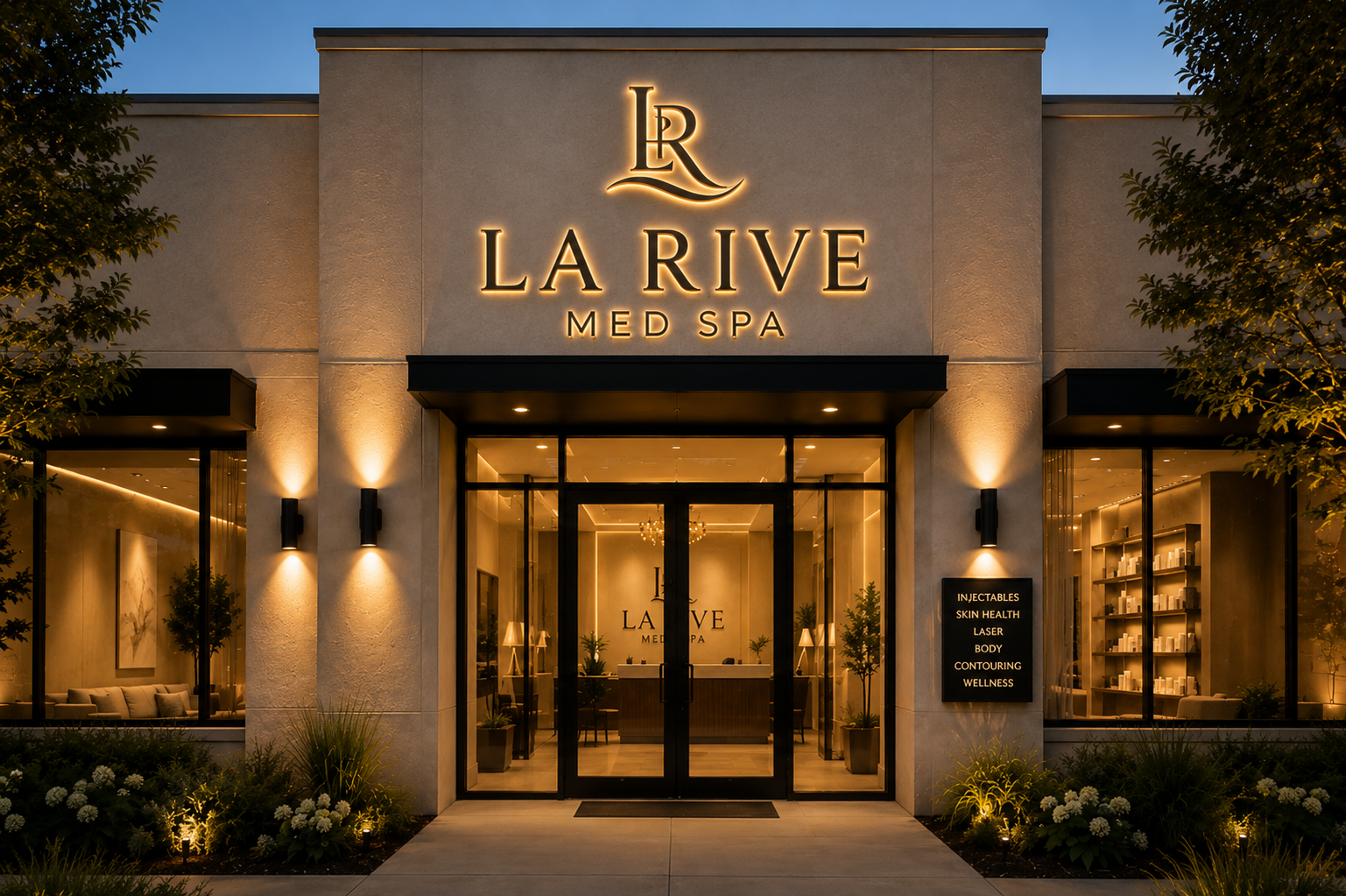 La Rive Med Spa demonstration reference website — medical aesthetics building exterior in the evening