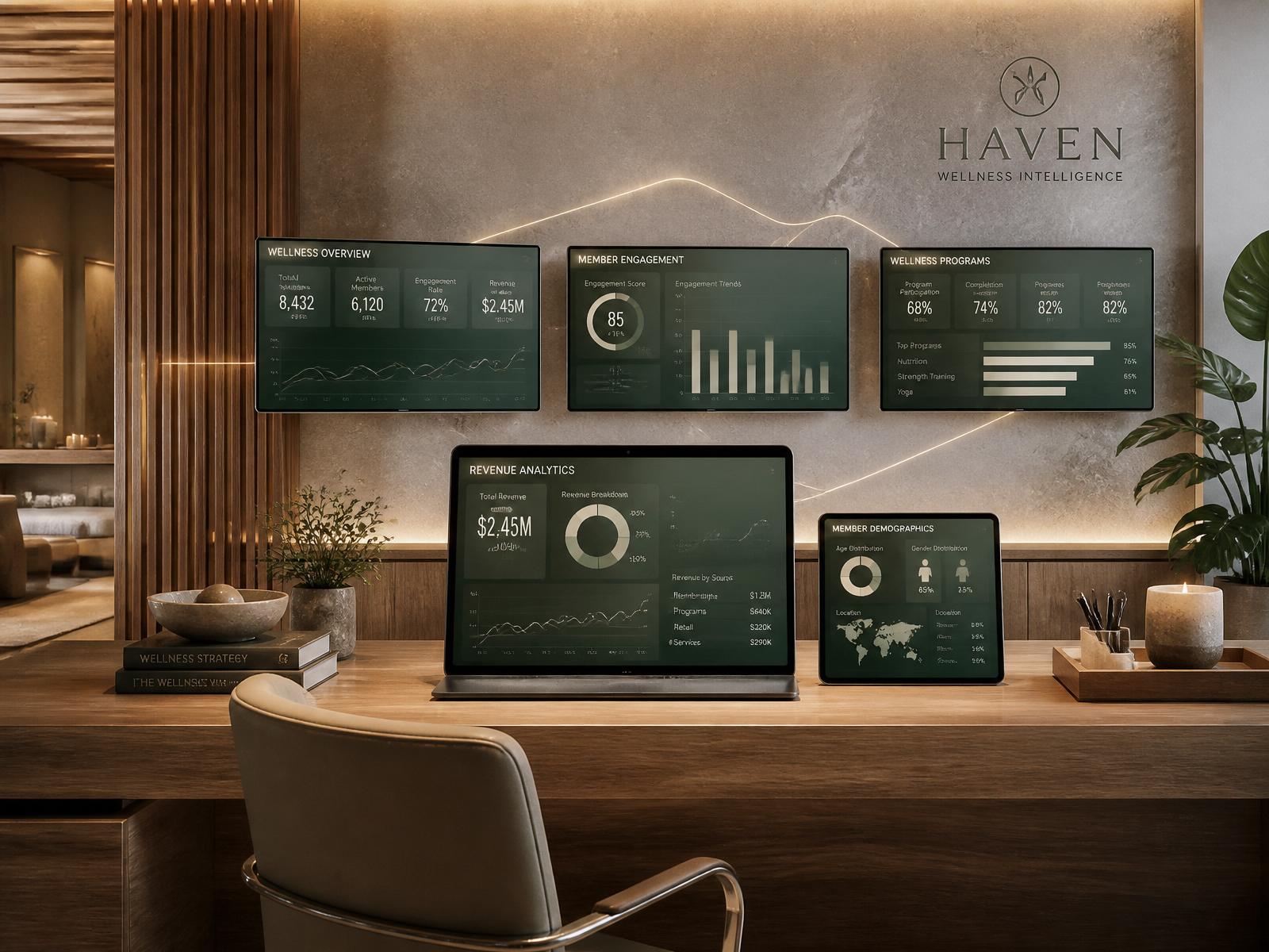 Connected intelligence dashboards inside a luxury wellness workspace