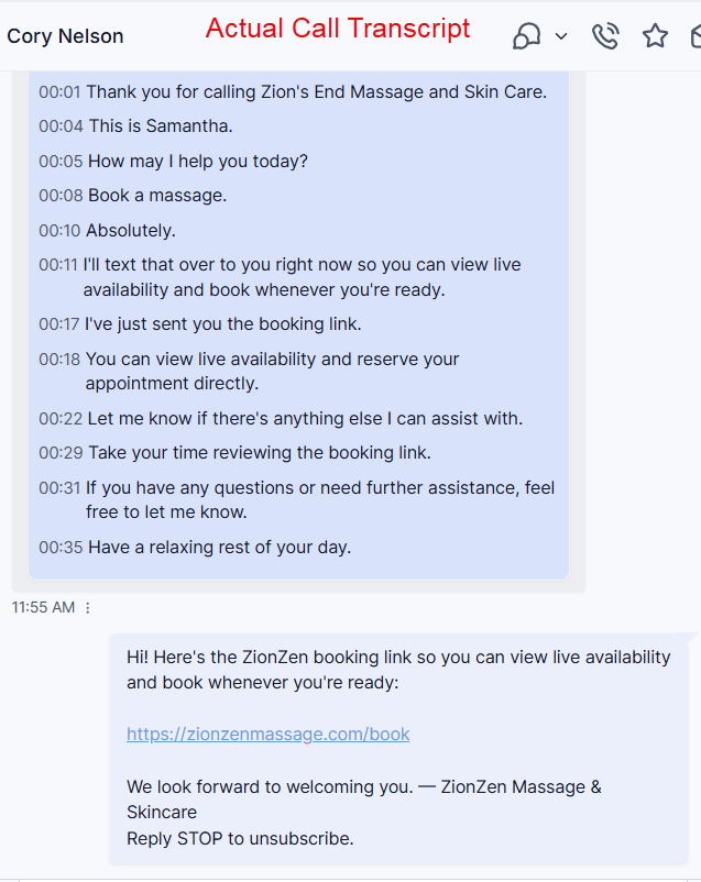 Actual ZionZen AI concierge call transcript showing Samantha booking a guest and texting a live booking link