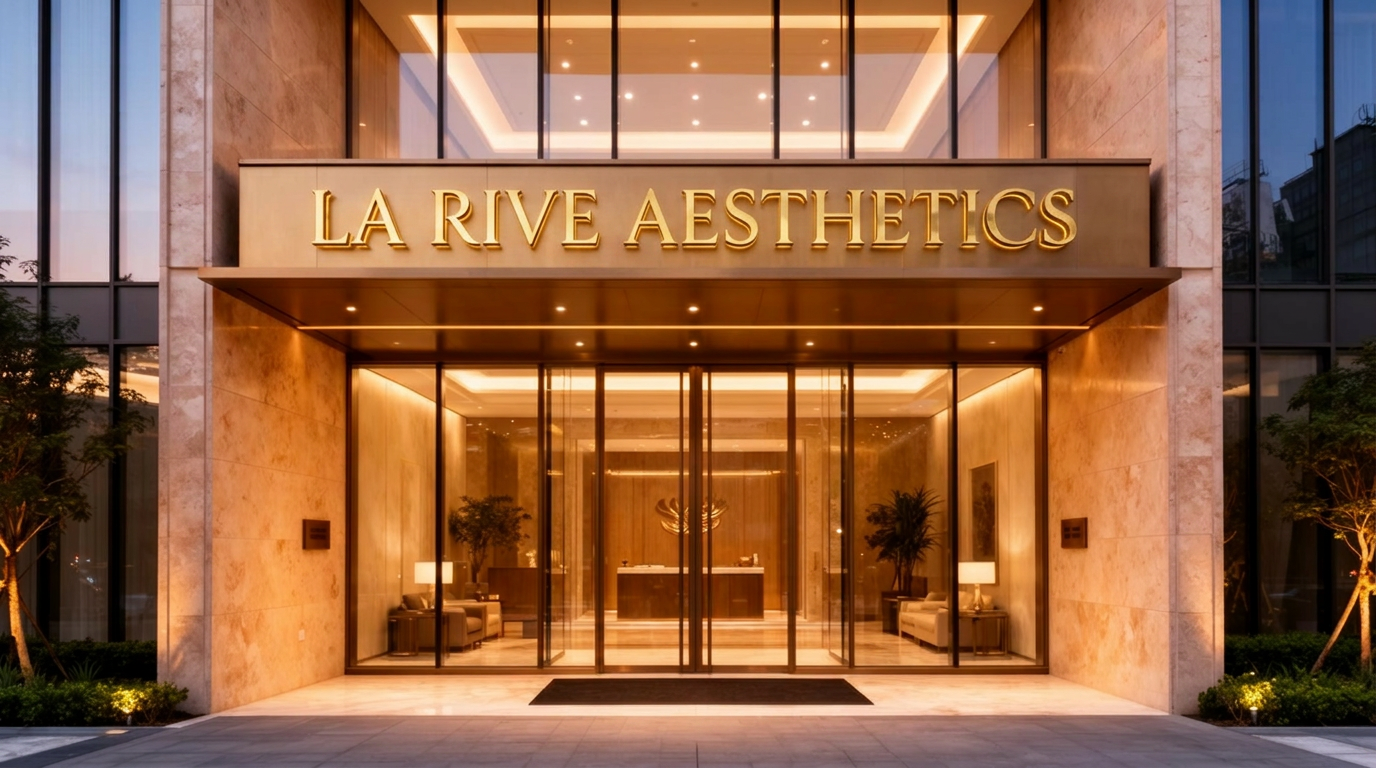 La Rive Aesthetics — luxury wellness facility exterior at dusk