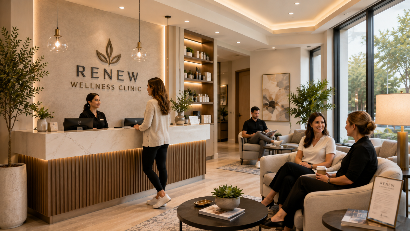 Clients and staff in a modern wellness clinic reception area