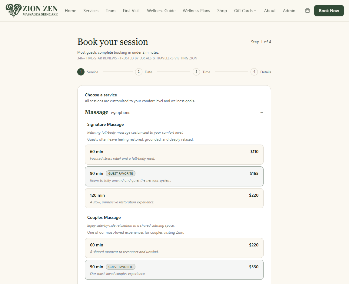 Lumina Aesthetics booking flow running on the Wellness Intelligence Platform