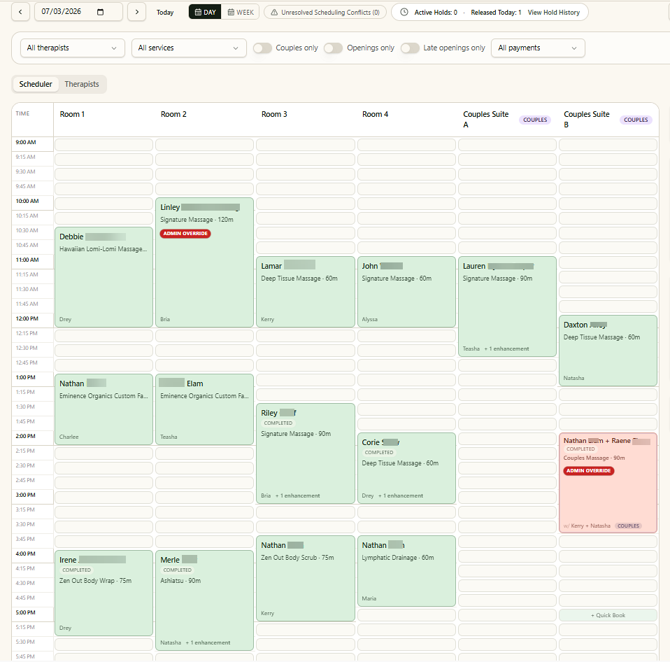ZionZen day scheduler showing therapists, rooms and booked appointments across the day