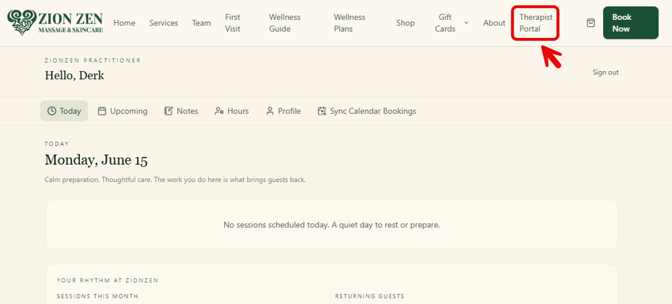 Provider Portal screenshot from ZionZen Massage & Skincare