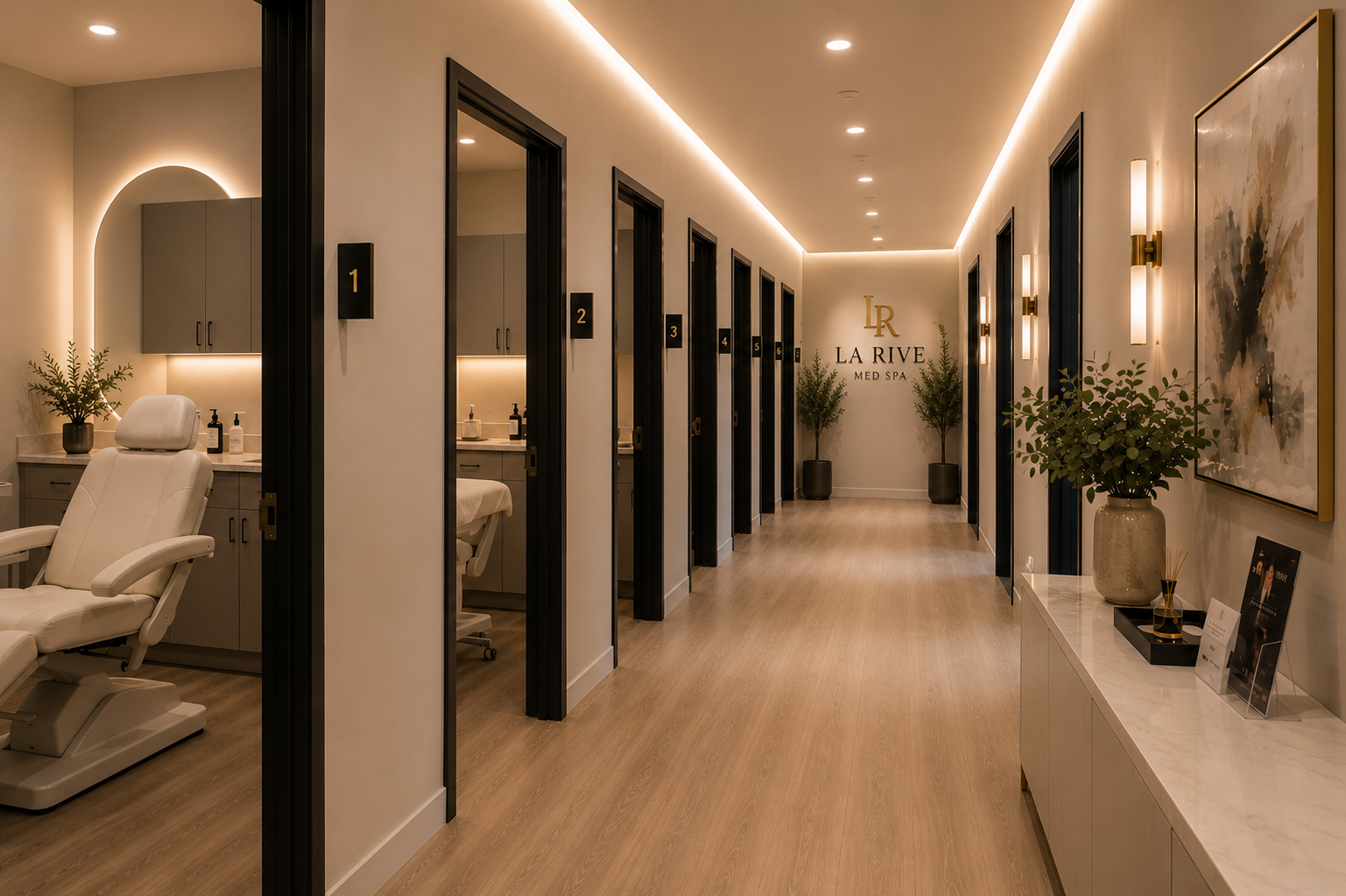 Treatment-room corridor in the La Rive Med Spa medical-aesthetics reference environment