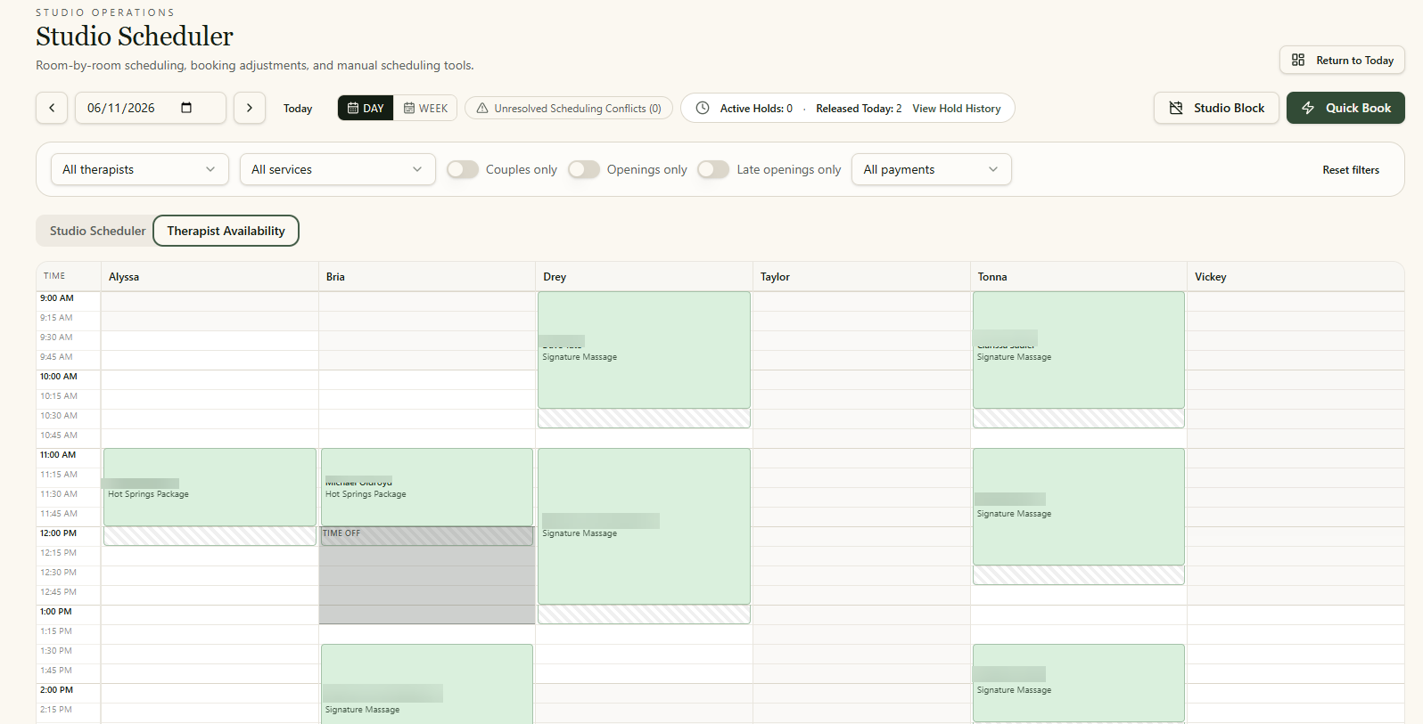 Elevation Recovery therapist availability view running on the Wellness Intelligence Platform