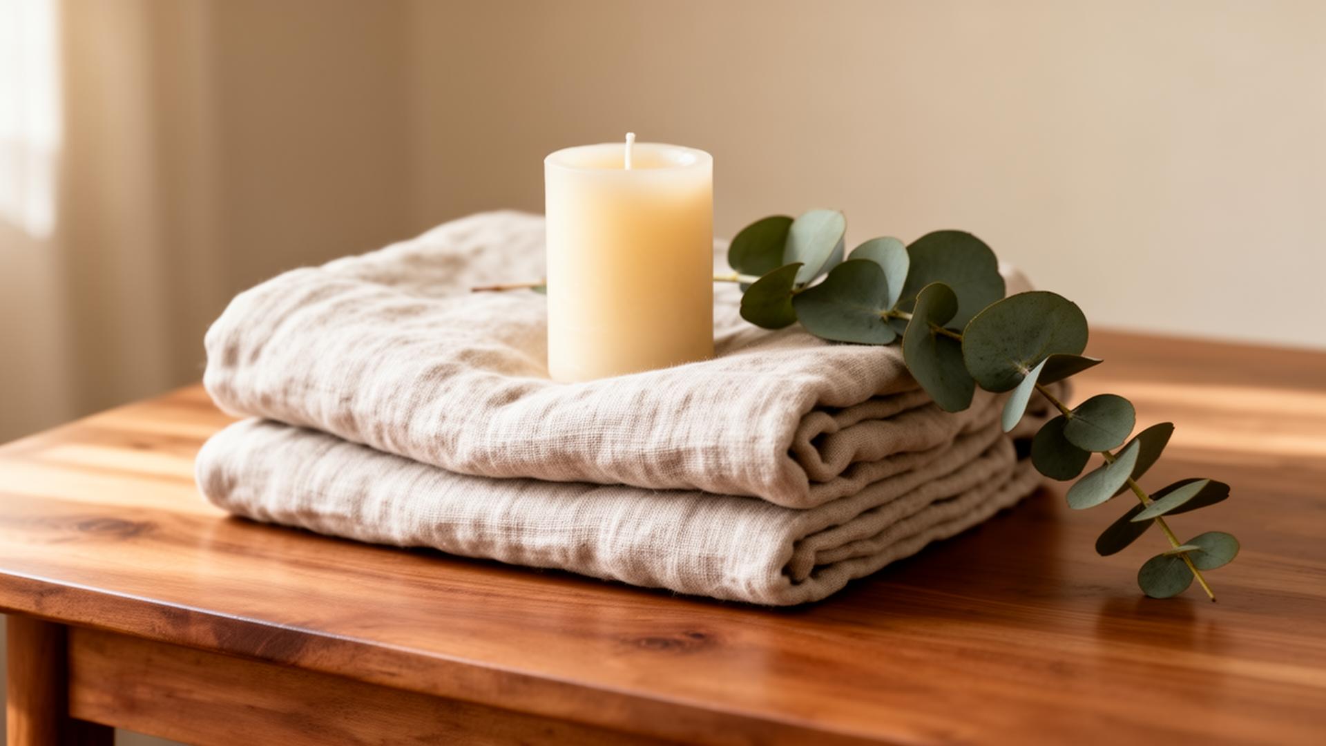 Folded linen towels, candle, and eucalyptus