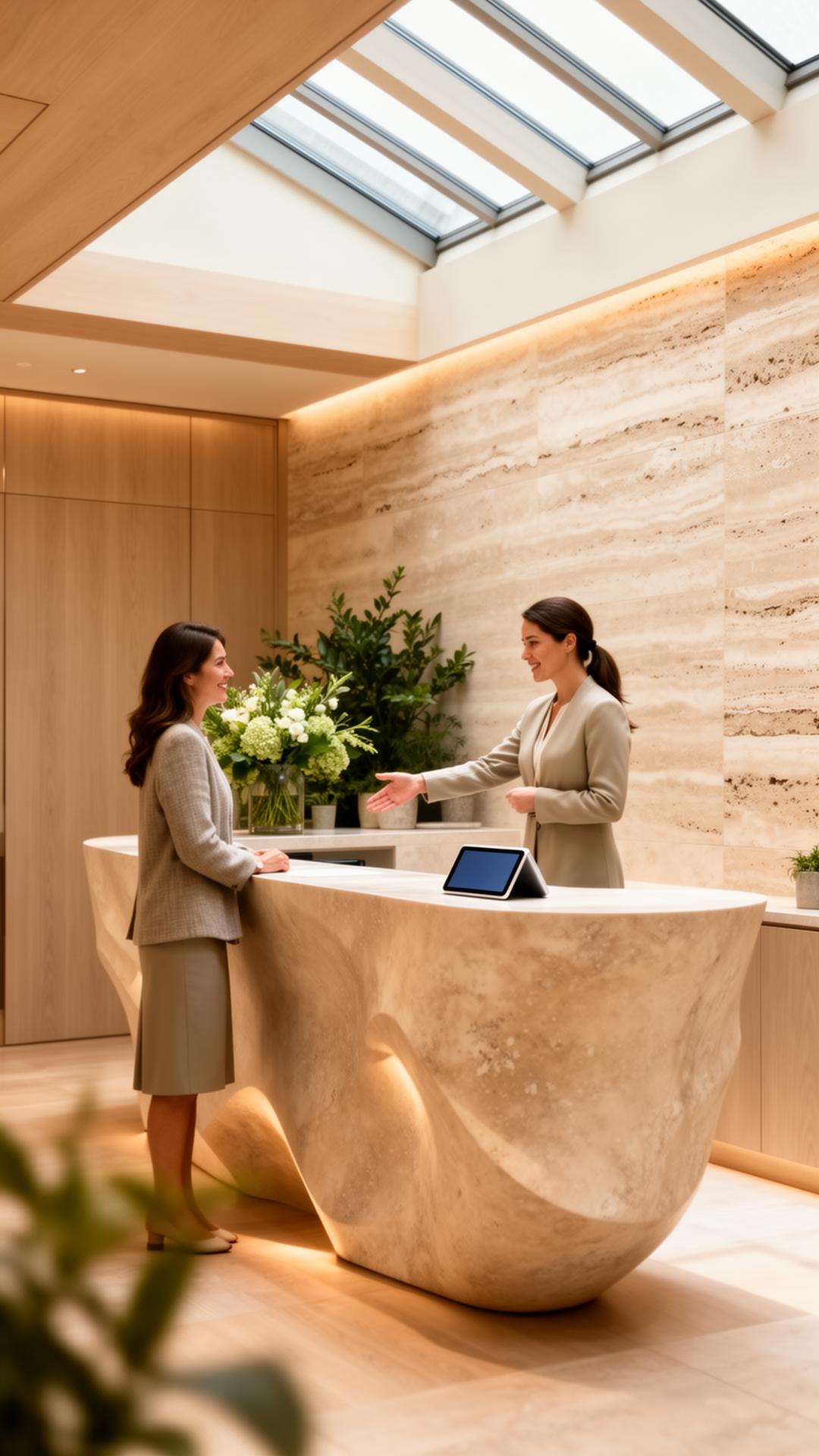 Elegant reception area of a premium wellness center with warm hospitality