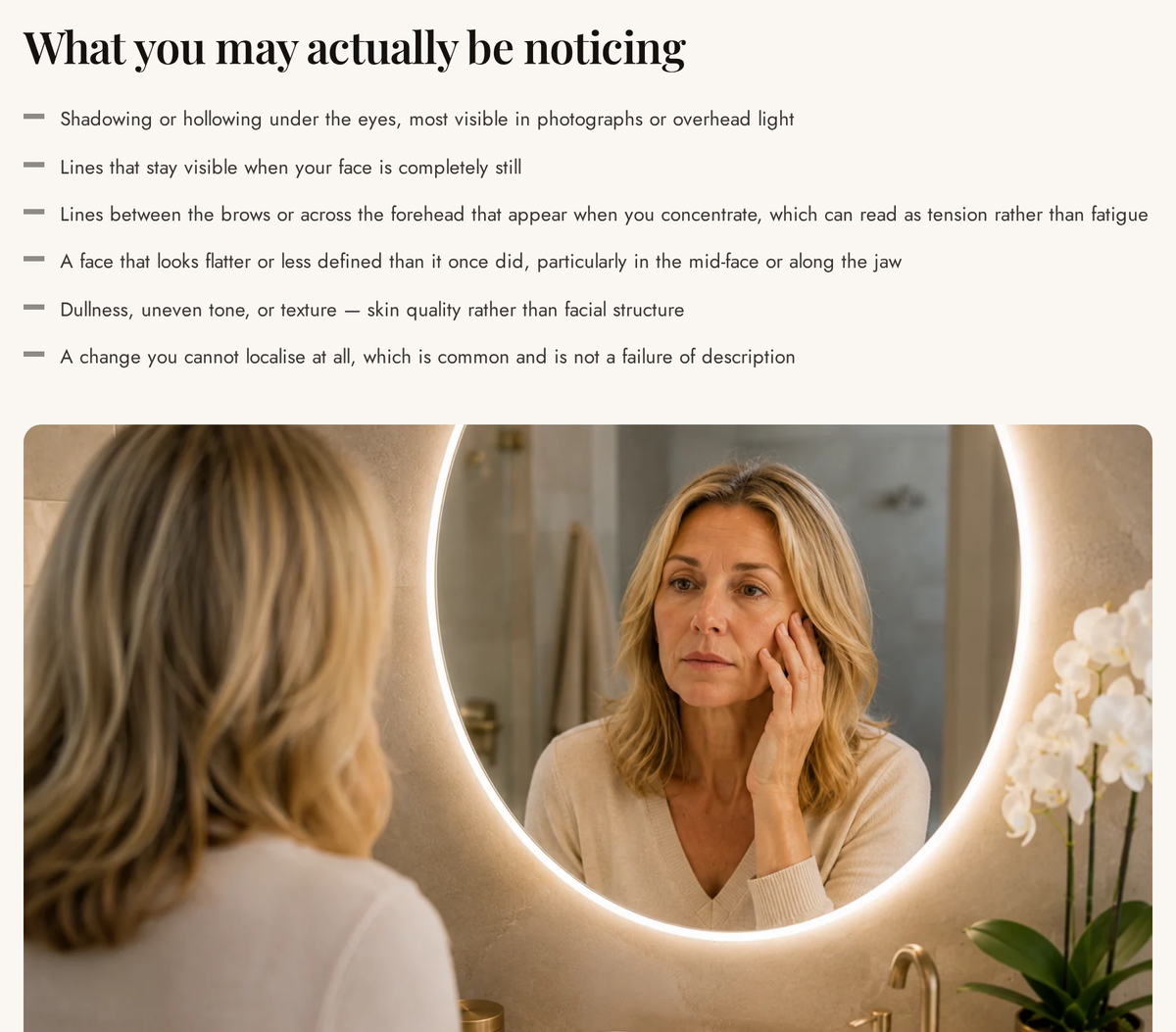 Reference implementation screen — Looking Tired guide: a section titled “What you may actually be noticing” followed by editorial photography of a woman looking at her face in a mirror