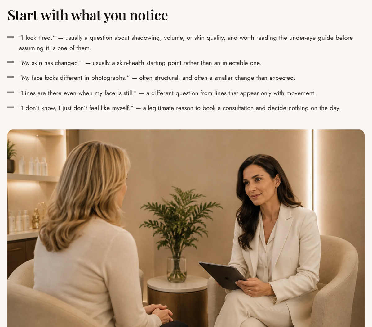 Reference implementation screen — Where Should I Start guide: a section titled “Start with what you notice” followed by photography of a consultation-style conversation